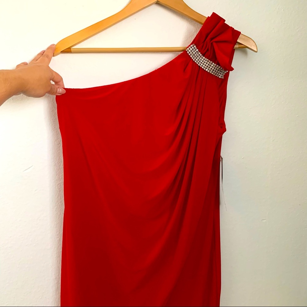 Red diamond embellished draped dress 10